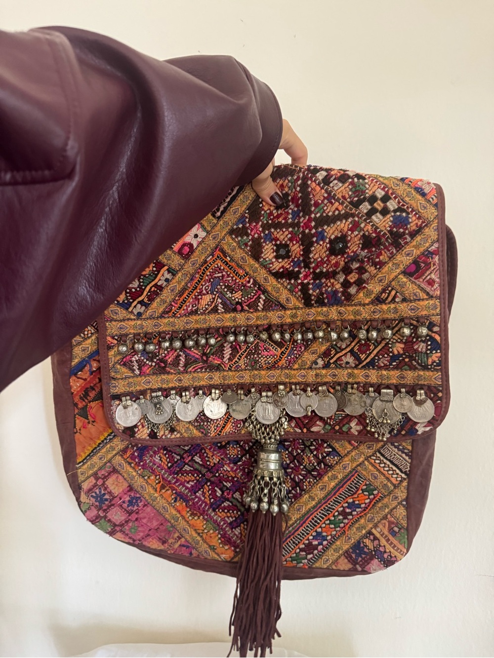 Embroidered Multicolor Boho Shoulder Bag with Tassel and Coin Detail